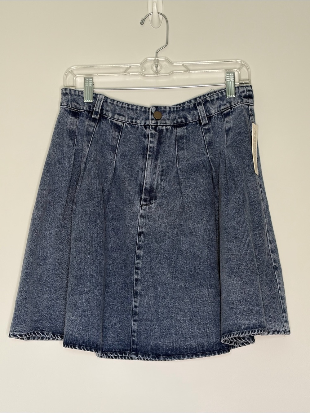 Fate Pleated Denim Skater Skirt in Washed Blue, Medium